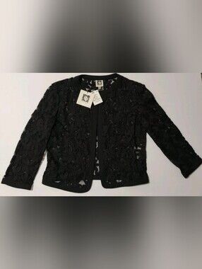 NWT Anne Klein Black Cropped Cardigan Floral Embroidery Sz 0 (~XS) Retail 89$